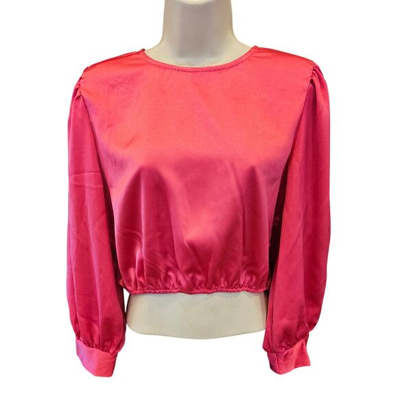 NWT prettygarden hot pink satin crop bubble long sleeve top M glam barbie NEW - Picture 1 of 9